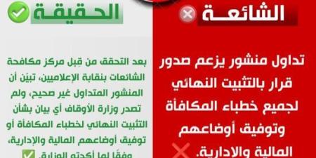 "مكافحة الشائعات بالإعلاميين" ينفي صدور قرار بالتثبيت النهائي لخطباء المكافأة :اليوم السابع
